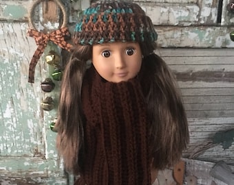 Crocheted Doll Hat and Scarf Set, Fits 18" American Girl Doll