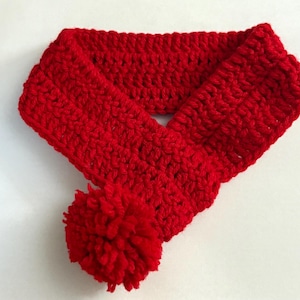 May include: A bright red, crocheted scarf with a pom-pom at one end. The scarf is made of a thick yarn and has a textured appearance. The pom-pom is round and fluffy. The scarf is likely for a child or a pet.