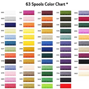 May include: A color chart showing 63 spools of embroidery floss. The spools are arranged in rows of eight, with each row containing a different color. The colors range from white to black, with shades of red, orange, yellow, green, blue, purple, and brown.