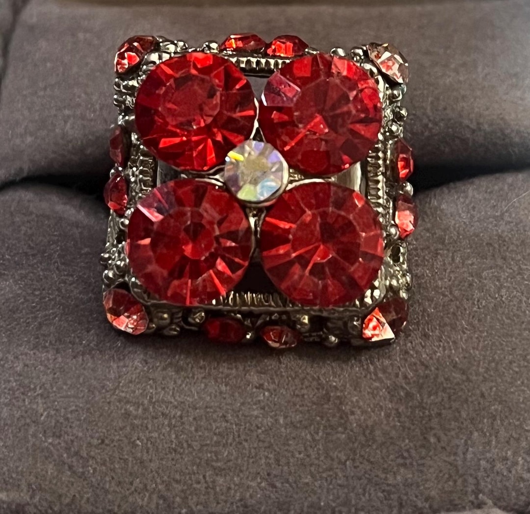 Vintage Red Rhinestone Adjustable Square Ring -size 8 - Etsy