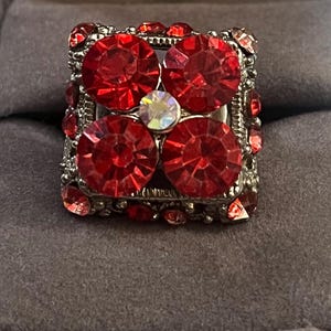 Vintage Red Rhinestone Adjustable Square Ring -Size 8