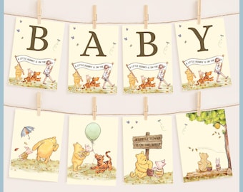 Classic Winnie the Pooh Baby Shower Bunting Banner Sign Printable Template, A Little Hunny is on the Way, Pooh Bear Decor, Alphabet Flag