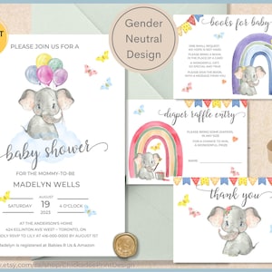 Baby Shower Invitation Set Baby Elephant Printable Template, Gender Neutral, Diaper Raffle, Books for Baby, Thank You Card, Nursery Animals
