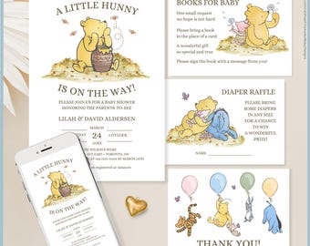 White Classic Winnie the Pooh Baby Shower Invitation Set Printable Template, A Little Hunny is On The Way, Vintage Pooh Bear Stationery