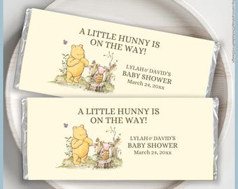 Classic Winnie the Pooh Baby Shower Chocolate Bar Wrapper Label Printable Template, A Little Hunny is on the Way, Vintage Pooh Bear, Favors
