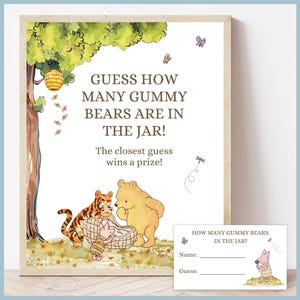 White Classic Winnie the Pooh Baby Shower Guess How Many Gummy Bears Sign Printable Template, A Little Hunny is on the Way Pooh Shower Decor