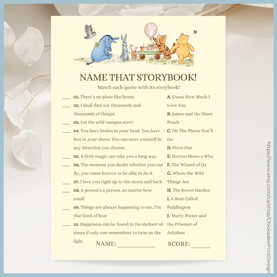 Classic Winnie the Pooh Baby Shower Game Name That Storybook Game Printable Template A Little Hunny is on the Way Vintage Pooh Bear Neutral