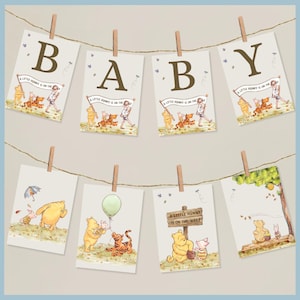 Beige Classic Winnie the Pooh Baby Shower Bunting Banner Sign Printable Template A Little Hunny is on the Way Pooh Bear Decor Alphabet Flag