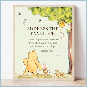 Green Classic Winnie the Pooh Baby Shower Address the Envelope Sign Printable Template, A Little Hunny is on the Way Vintage Pooh Bear Decor