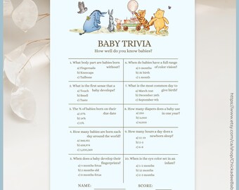 Blue Classic Winnie the Pooh Baby Shower Game Baby Trivia Printable Template, A Little Hunny is on the Way, Vintage Pooh Bear, Baby Boy