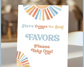 Here Comes the Son Theme Vintage Baby Shower Favors Sign Set, Printable Templates, Please Take One, Editable Boho Boy Party Decor Retro Sun