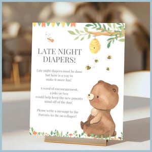 We Can Bearly Wait Theme Baby Shower Late Night Diapers Game Sign, Printable Template, Woodland Teddy Bear Decor, Diaper Message, Editable