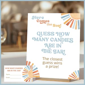 Here Comes the Son Theme Vintage Baby Shower Guess How Many Candies Are in the Jar Game Sign Printable Template Editable Boho Decor Retro