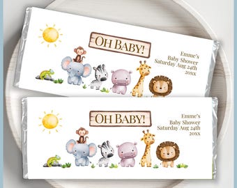 Oh Baby Safari Animals Theme Baby Shower Chocolate Bar Wrapper Label Printable Template Jungle Greenery Editable, Candy Favors Neutral Party