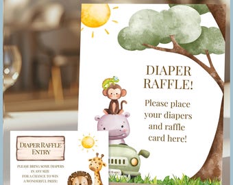 Oh Baby Safari Animals Theme Baby Shower Diaper Raffle Game Sign & Raffle Card Printable Templates, Jungle Greenery Decor, Gender Neutral