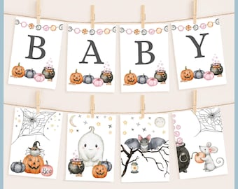 A Little Boo Is Almost Due Halloween Theme Baby Shower Bunting Banner Sign Printable Template, Cute Ghost Decor, Alphabet Flag Garland Party