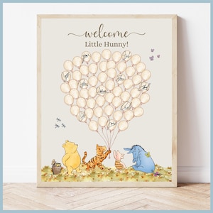 Beige Classic Winnie the Pooh Baby Shower Please Sign a Balloon Signature Guestbook Signs, Printable Templates, A Little Hunny is on the Way