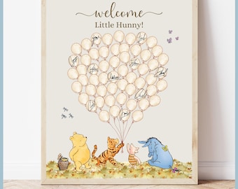 Beige Classic Winnie the Pooh Baby Shower Please Sign a Balloon Signature Guestbook Signs, Printable Templates, A Little Hunny is on the Way