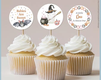 A Little Boo Is Almost Due Halloween Theme Baby Shower Cupcake Topper Printable Template Set, Cute Ghost Decor, Cake Picks, Gender Neutral