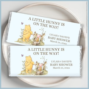 Blue Classic Winnie the Pooh Baby Shower Chocolate Bar Wrapper Label Printable Template, A Little Hunny is on the Way, Vintage Pooh Bear Boy
