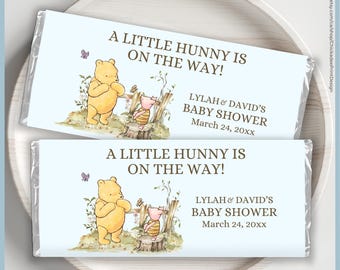 Blue Classic Winnie the Pooh Baby Shower Chocolate Bar Wrapper Label Printable Template, A Little Hunny is on the Way, Vintage Pooh Bear Boy