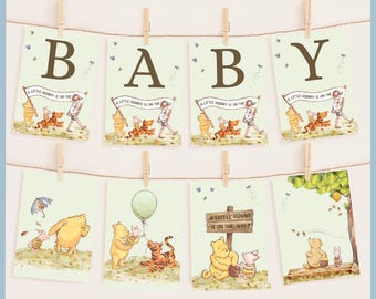Green Classic Winnie the Pooh Baby Shower Bunting Banner Sign Printable Template A Little Hunny is on the Way Pooh Bear Decor Alphabet Flag