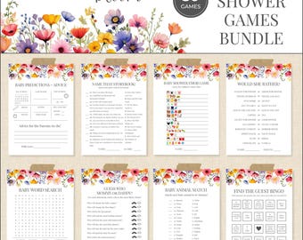 May include: A baby shower games bundle featuring 50 games. The design includes floral elements with a watercolor effect. The games include predictions, storybook, emoji, and bingo, among others. The text "BABY in bloom" is at the top.