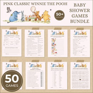 Pink Classic Winnie the Pooh Baby Shower 50 Games Bundle, Printable Templates A Little Hunny is on the Way Vintage Pooh Bear Activities Girl