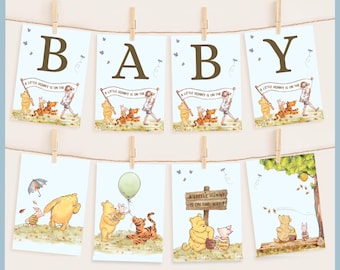 Blue Classic Winnie the Pooh Baby Shower Bunting Banner Sign Printable Template A Little Hunny is on the Way Pooh Bear Decor, Alphabet Flag