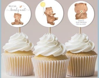 We Can Bearly Wait Theme Baby Shower Cupcake Topper Printable Template Set, Woodland Teddy Bear Decor, Cake Picks, Editable, Gender Neutral