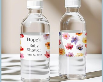 Baby in Bloom Theme Baby Shower Water Bottle Label Printable Template, Meadow Wildflower Decor, Wild Flower Spring Floral, Gender Neutral