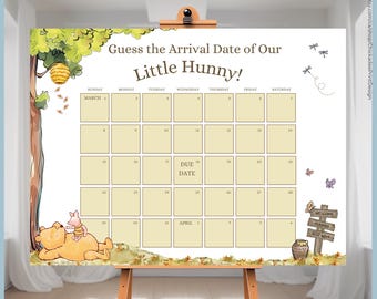 White Classic Winnie the Pooh Baby Shower Guess the Due Date Calendar Game Sign Printable Template A Little Hunny is on the Way Shower Decor