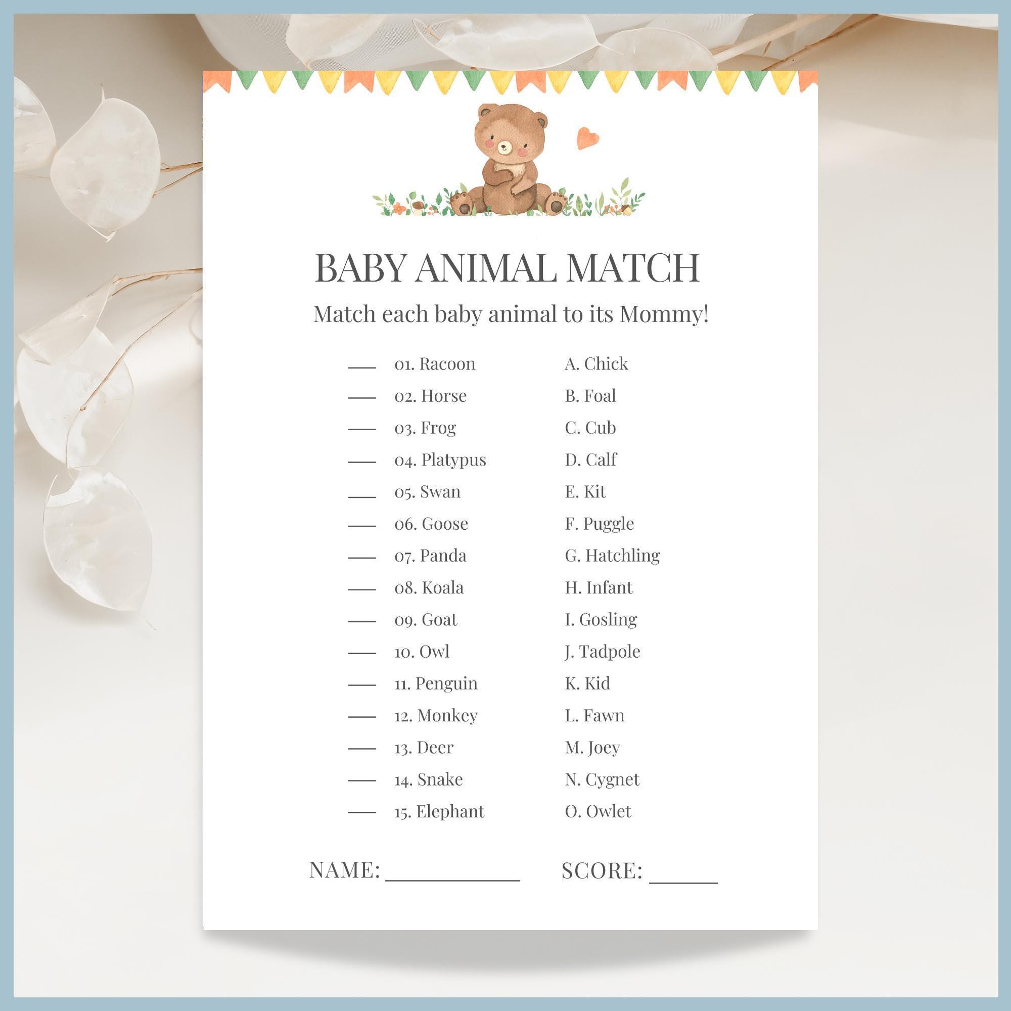 We Can Bearly Wait Theme Baby Shower Game - Baby Animal Match Printable Template, Woodland Teddy Bear Editable Gender Neutral Party Activity