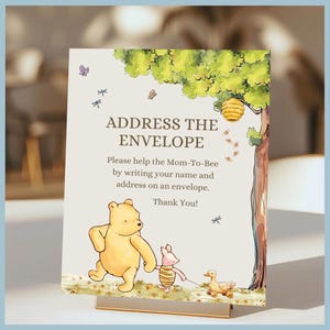 Beige Classic Winnie the Pooh Baby Shower Address the Envelope Sign Printable Template, A Little Hunny is on the Way Vintage Pooh Bear Decor