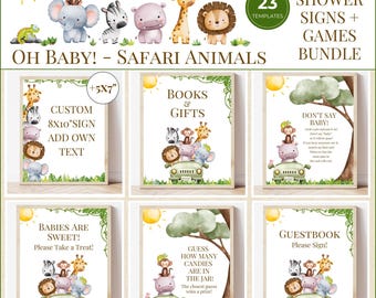 Oh Baby Safari Animals Theme Baby Shower 23 Signs & Games Bundle Printable Templates, Jungle Greenery Decor Editable Gender Neutral Tabletop