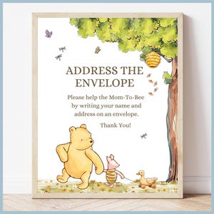 White Classic Winnie the Pooh Baby Shower Address the Envelope Sign Printable Template, A Little Hunny is on the Way Vintage Pooh Bear Decor