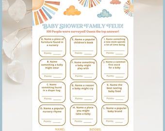 Here Comes the Son Theme Vintage Baby Shower Game Family Feud Printable Templates Boho Sunshine Clouds Retro Boy Party Editable Activity