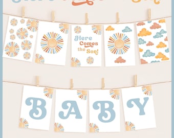 Here Comes the Son Theme Vintage Baby Shower Bunting Banner Sign Printable Template Editable Alphabet Flag Garland Boho Retro Sunshine Decor