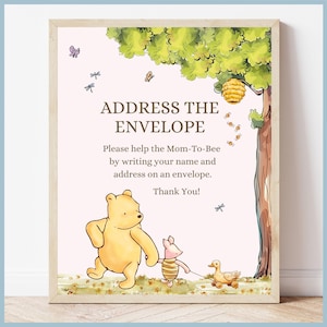 Pink Classic Winnie the Pooh Baby Shower Address the Envelope Sign Printable Template, A Little Hunny is on the Way Vintage Pooh Bear Decor