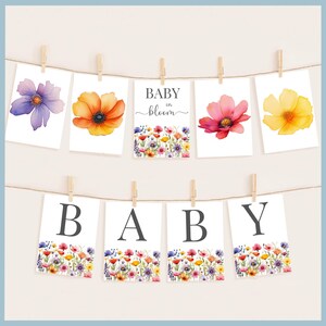 Baby in Bloom Theme Baby Shower Bunting Banner Sign Printable Template, Wildflower Decor Alphabet Flag Wild Flower Garland Gender Neutral