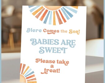 Here Comes the Son Theme Vintage Baby Shower Babies Are Sweet Please Take a Treat Sign Set, Printable Templates, Editable Boho Decor Retro