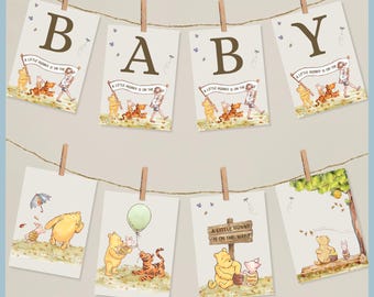 Beige Classic Winnie the Pooh Baby Shower Bunting Banner Sign Printable Template A Little Hunny is on the Way Pooh Bear Decor Alphabet Flag