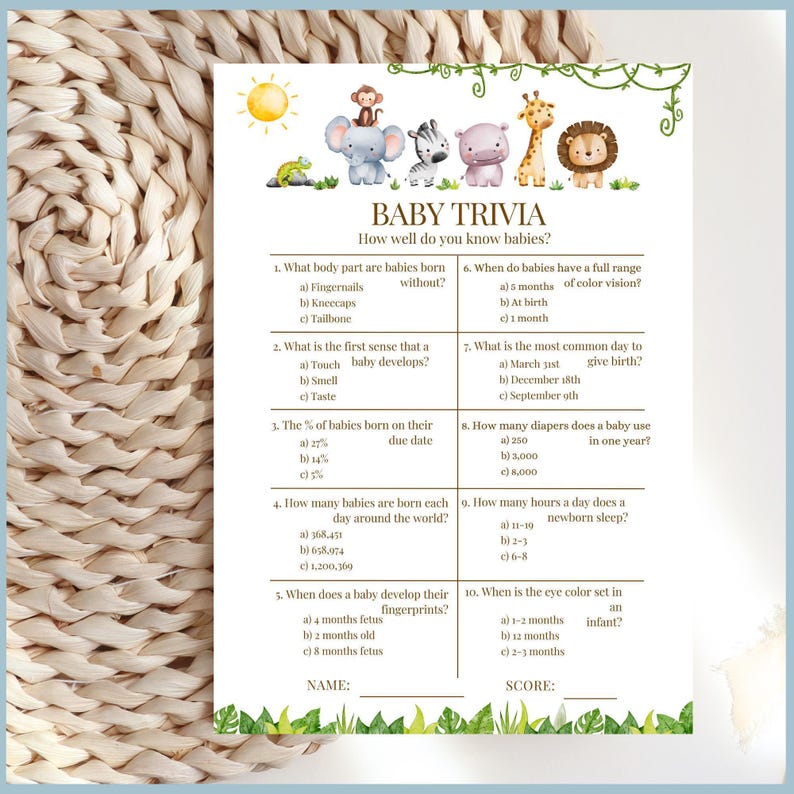 Oh Baby Safari Animals Theme Baby Shower Game - Baby Trivia Printable ...