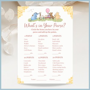 A Little Hunny is on the Way Pink Classic Winnie the Pooh Baby Shower Game - What's In Your Purse? Printable Template, Editable Vintage Girl