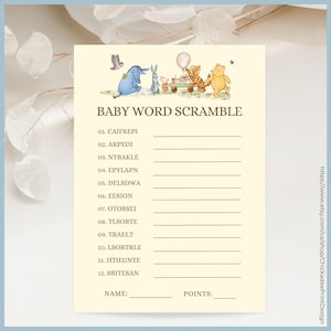 Classic Winnie the Pooh Baby Shower Game - Baby Word Scramble Printable Template, A Little Hunny is on the Way, Vintage Pooh Bear, Neutral
