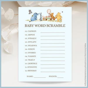 Blue Classic Winnie the Pooh Baby Shower Game Baby Word Scramble Printable Template, A Little Hunny is on the Way Editable Vintage Pooh Bear