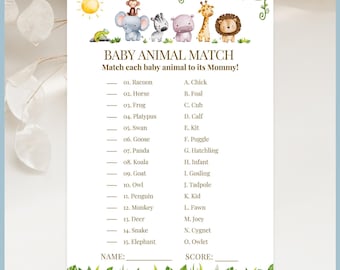 Oh Baby Safari Animals Theme Baby Shower Game - Baby Animal Match Printable Template, Editable Gender Neutral Party Activity Jungle Greenery