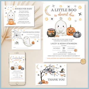 A Little Boo is Almost Due Halloween Theme Baby Shower Invitation Set Printable Templates, Cute Ghost, Pumpkin, Stationery, Books For Baby