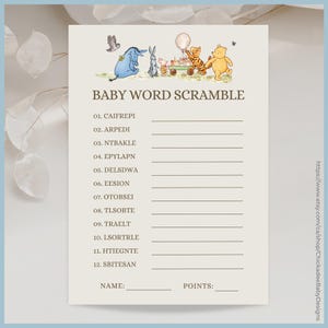 Beige Classic Winnie the Pooh Baby Shower Game Baby Word Scramble Printable Template A Little Hunny is on the Way Editable Vintage Pooh Bear