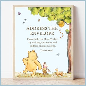 Blue Classic Winnie the Pooh Baby Shower Address the Envelope Sign Printable Template, A Little Hunny is on the Way Vintage Pooh Bear Decor